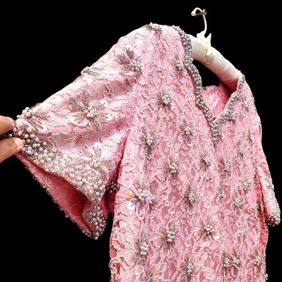 Vintage 1960s Plus Size 2X Short Formal Beaded Pink Lace Dress NWOT Hong Kong - Picture 2 of 13
